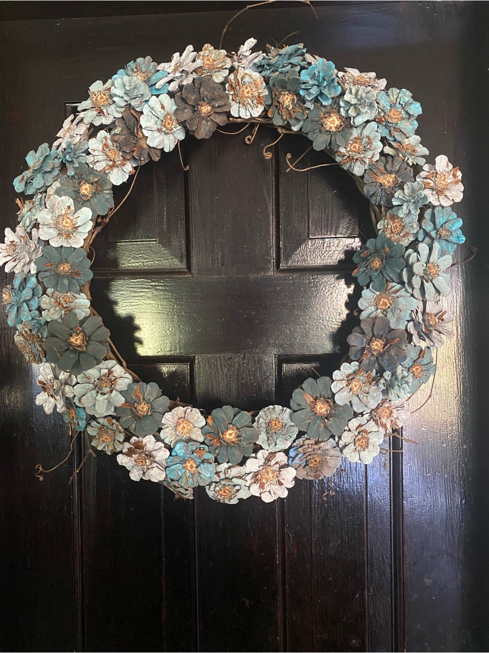 Decorative Teal and White Flower Pinecone Wreath 20”